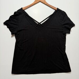 Black V Neck Women's Short Sleeve Top with Criss Cross Detail